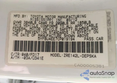 2012 Toyota Corolla S from USA, damaged, VIN 5YFBU4EE7CP019194
